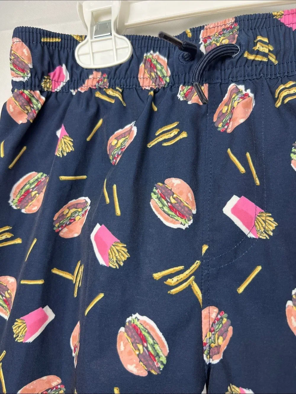 Abercrombie Kids Navy Blue Burger and Fries print swim performance casual shorts
